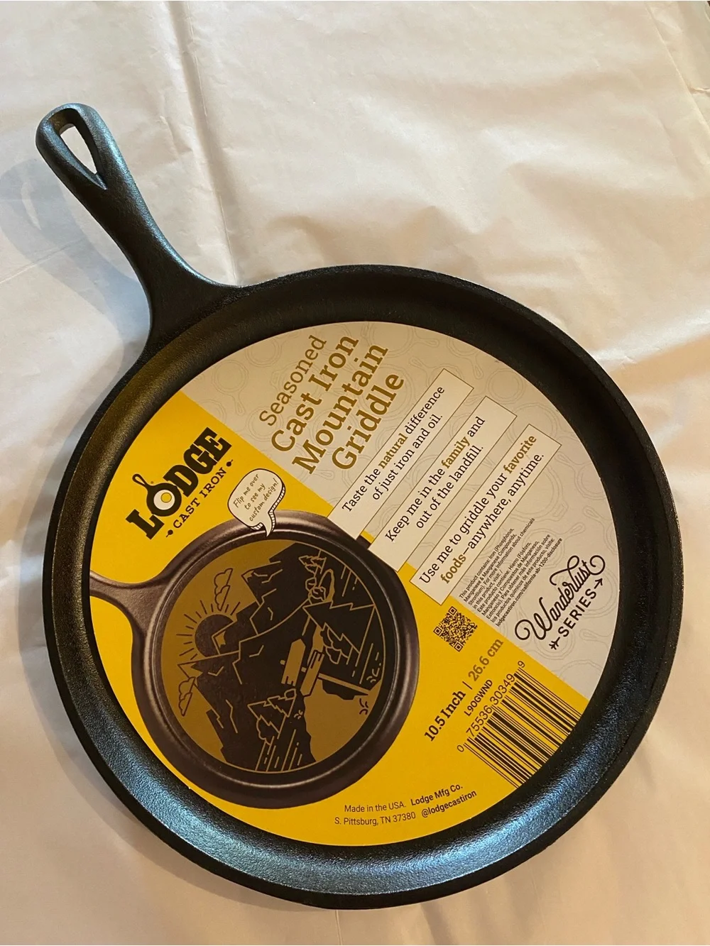 LODGE Seasoned Cast Iron Mountain Griddle 10.5”/ 26.6cm, New w/ Tag + Info Label